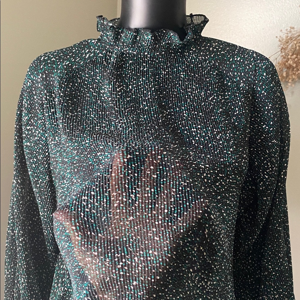 Zara Black & Green Speckled Sheer Blouse with Ruffle Cuffs - Picture 5 of 14